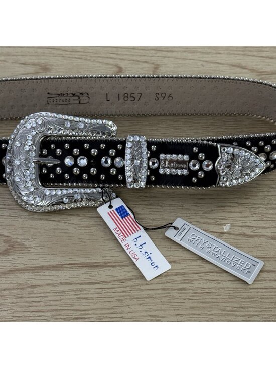B.B. Simon Swarovski Crystal Studded Leather Belt Black L Made USA New Defect main image 14